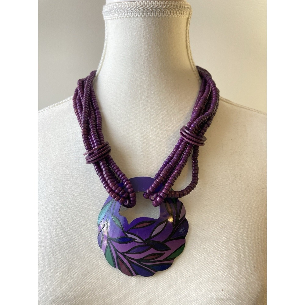 Artsy Wooden Beaded Necklace Statement Pendant Artisan Purple Hand Painted Bold
